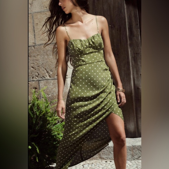 ZARA Olive Green Polka Dot Midi Dress Slip Style w/ Slit — Size S - Picture 4 of 7